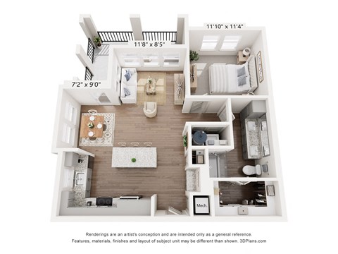 A floor plan of a small apartment with a kitchen, living room, and two bedrooms.